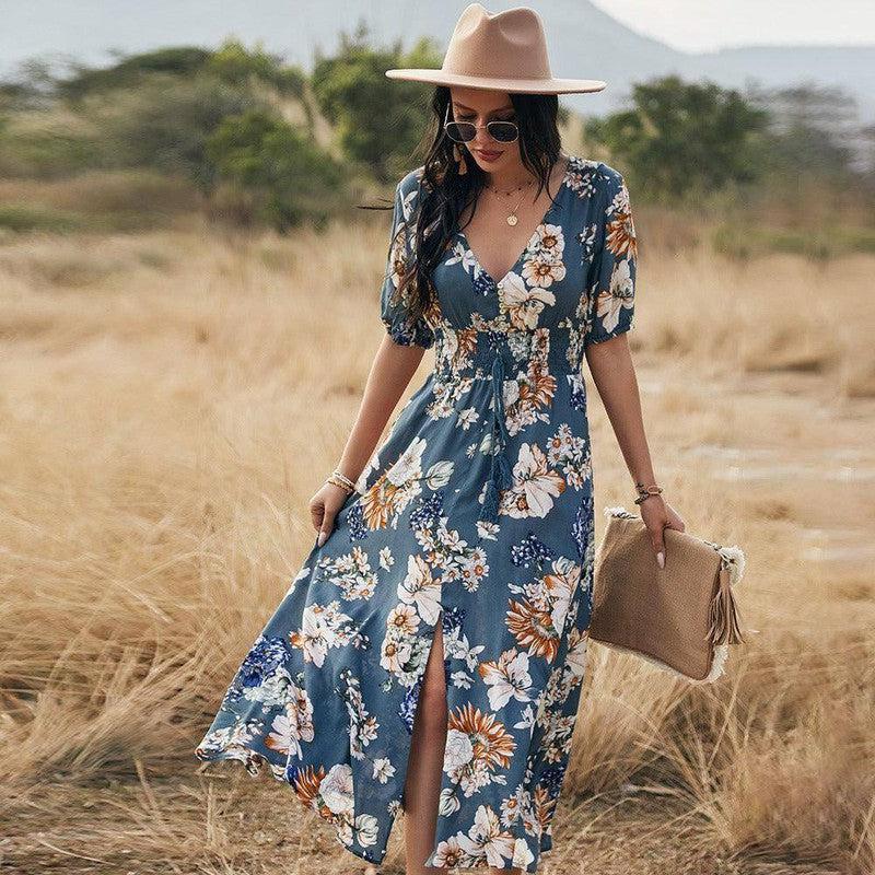 Floral Summer Beach Dress With V Neck Elastic Waist Dresses For Women-Blue-2