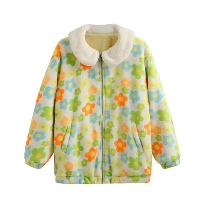 Flowers on both sides wearing a bread zipper coat-Yellow green-4