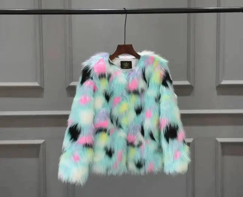 Fox fur round collarless short coat-Light green-7