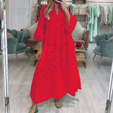 French Style V-neck Bell Sleeve Lace Hollow Out Solid Color-Red-12