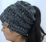 High Bun Ponytail Beanie Hat Chunky Soft Stretch Cable Knit-Blackwhite-10