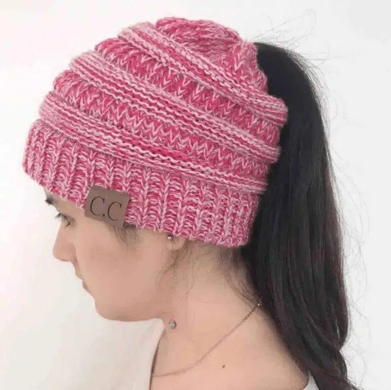 High Bun Ponytail Beanie Hat Chunky Soft Stretch Cable Knit-Redwhite-22