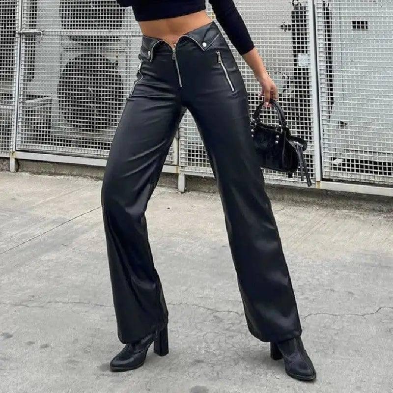 High Waist Straight Loose Wide Leg Casual Pants Leather-4