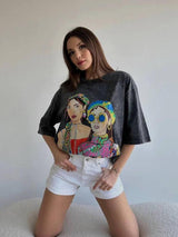 Hirsionsan Acid Washed T Shirt Women Vintage Cotton T-shirts-Black 4-2