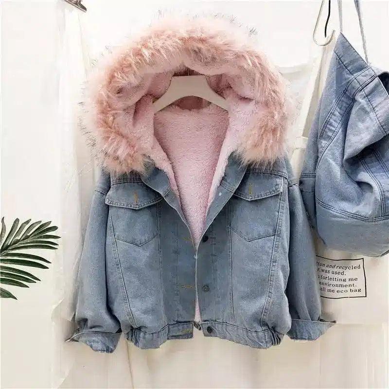 LOVEMI - Lovemi - Hooded and velvet lamb denim jacket