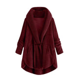 Hooded solid color casual jacket with horn button plush top-Red wine-10