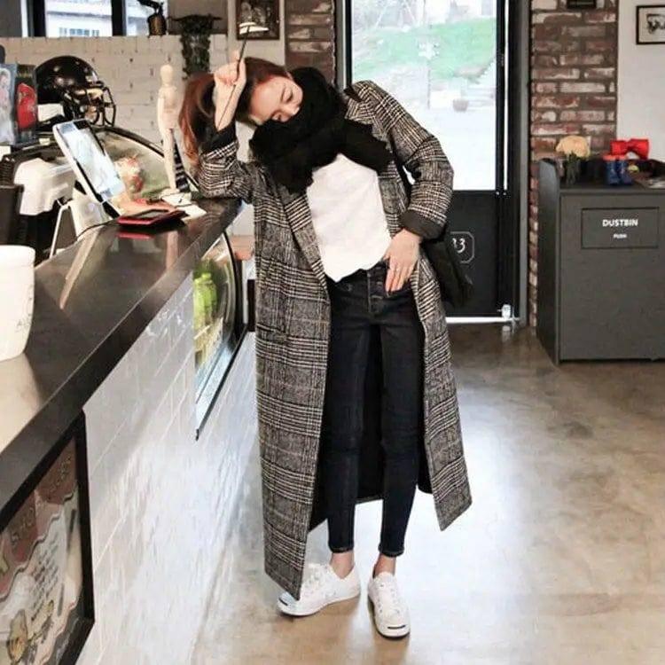 Houndstooth Mid-length Woolen Coat Thick Wool Cloth Korean-1