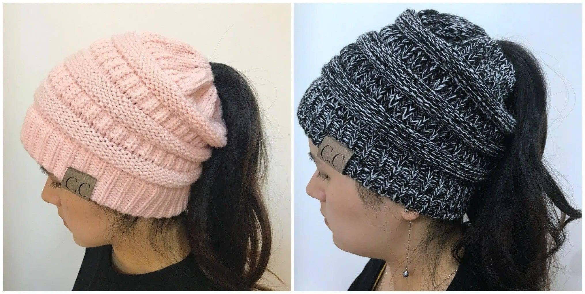 Knitted Ponytail Hat, Women's Wool Hat Fashion-PinkBlackFlower-23