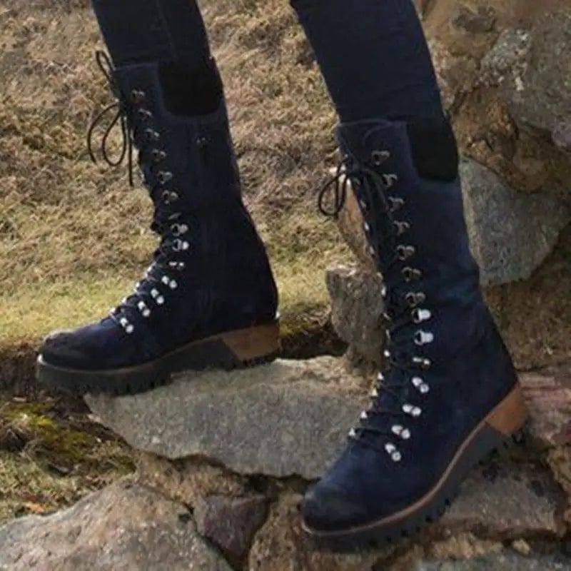 Lace-Up Combat Boot Winter Cowboy Western Boots Women-Black-3