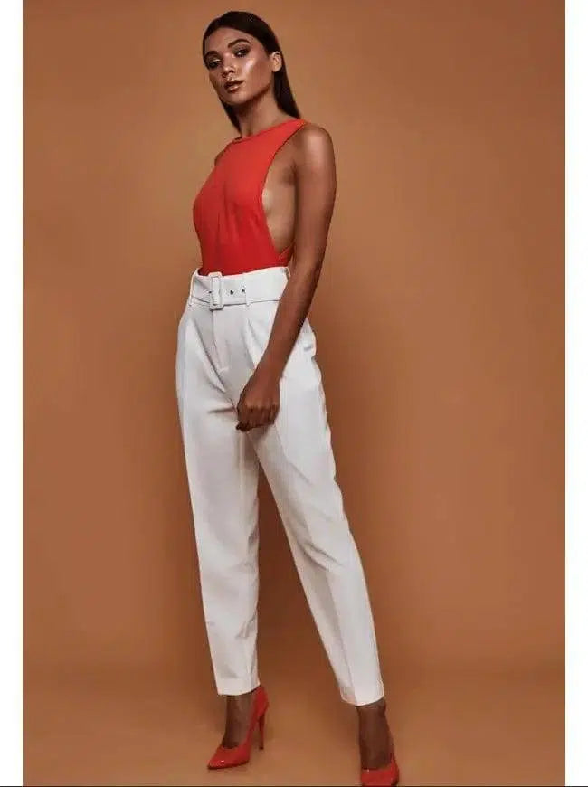 ladies autumn casual pants high waist solid color nine-White-21