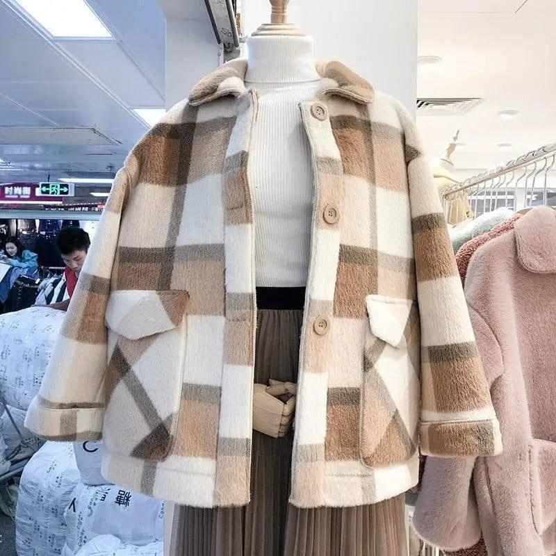 Ladies Fashion Wool Blend Faux Fur Coat-Khaki-5