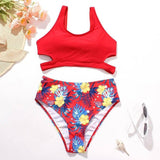 Ladies High Waist Solid Color Printed Swimsuit-Red-3