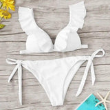 Ladies Split Solid Color Ruffled V-Neck Sexy Bikini Swimsuit-White-1