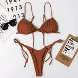 Ladies Swimsuit Solid Color Split Drawstring Sexy Thong-Coffee-10