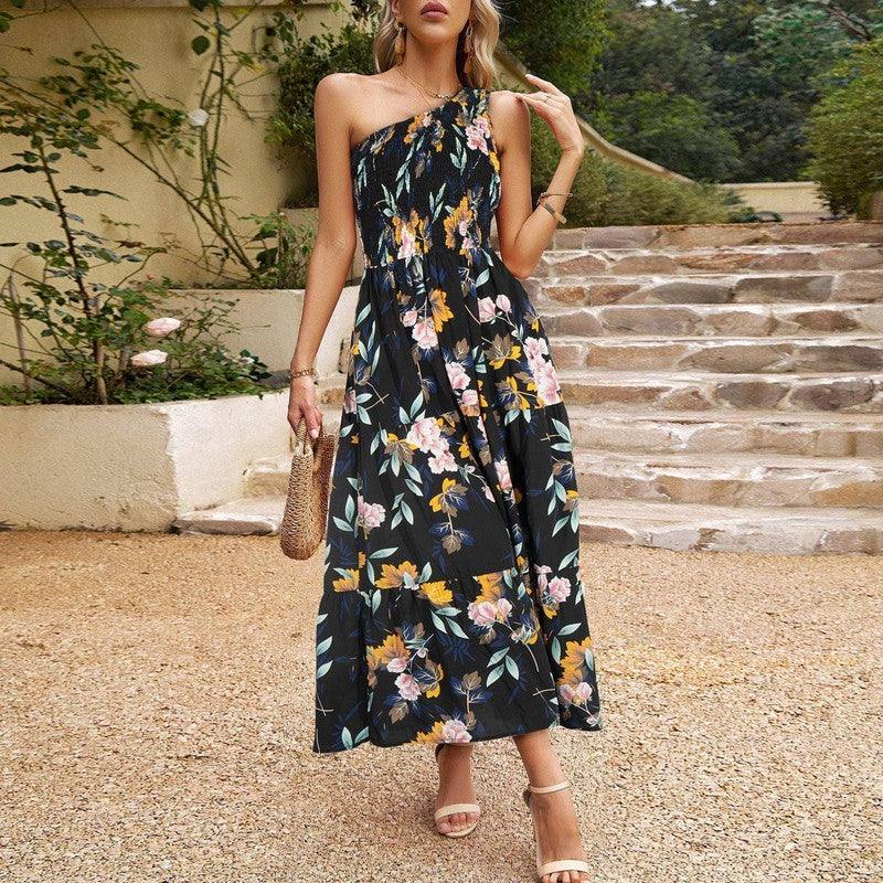 Lady Temperament Elegant Slant-shoulder Printed Maxi Dress-Black-6