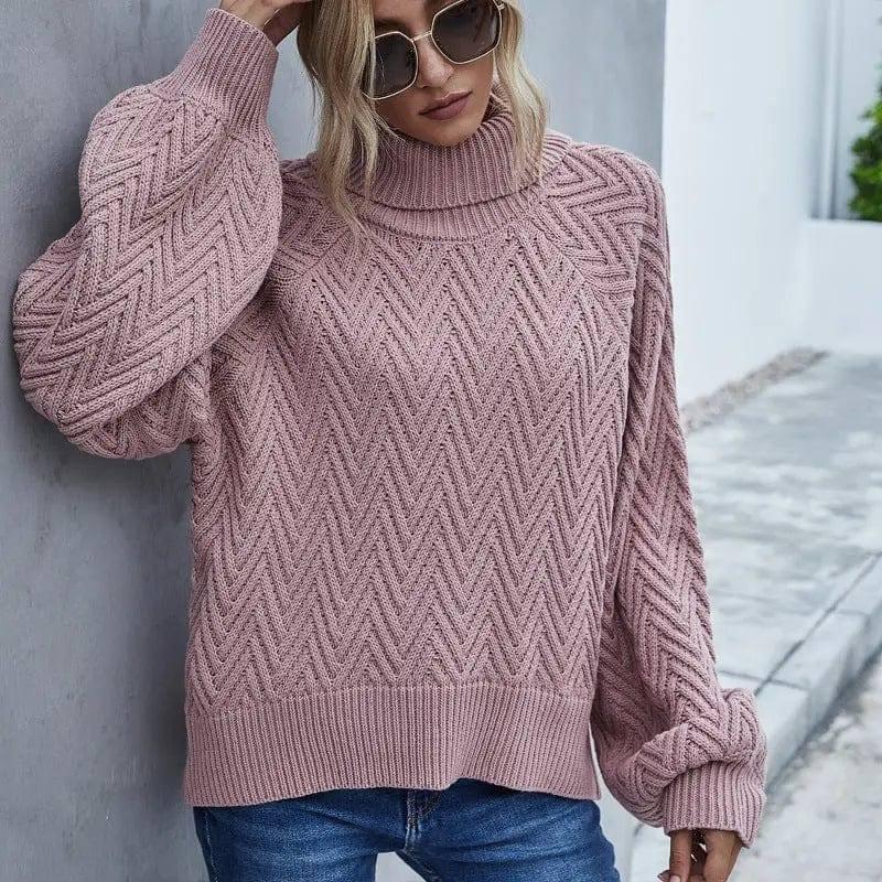 Lantern Sleeve Women's Sweater Turtleneck Sweater-Pink-4