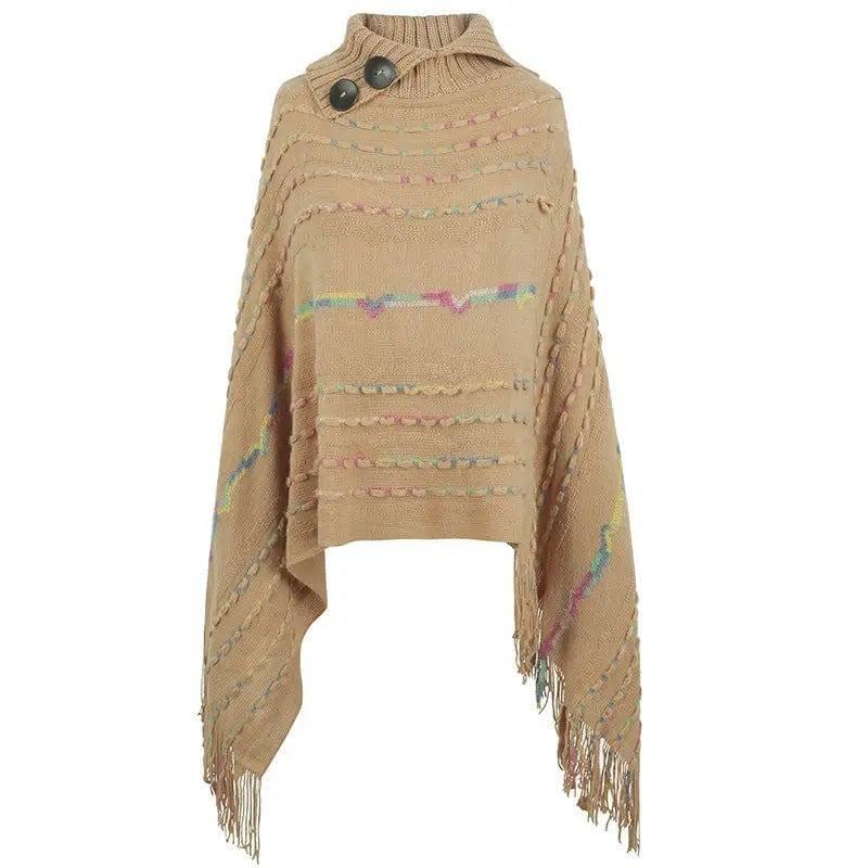 Lapel Button Pullover Shawl Women's Knitted Cape-Khaki-3