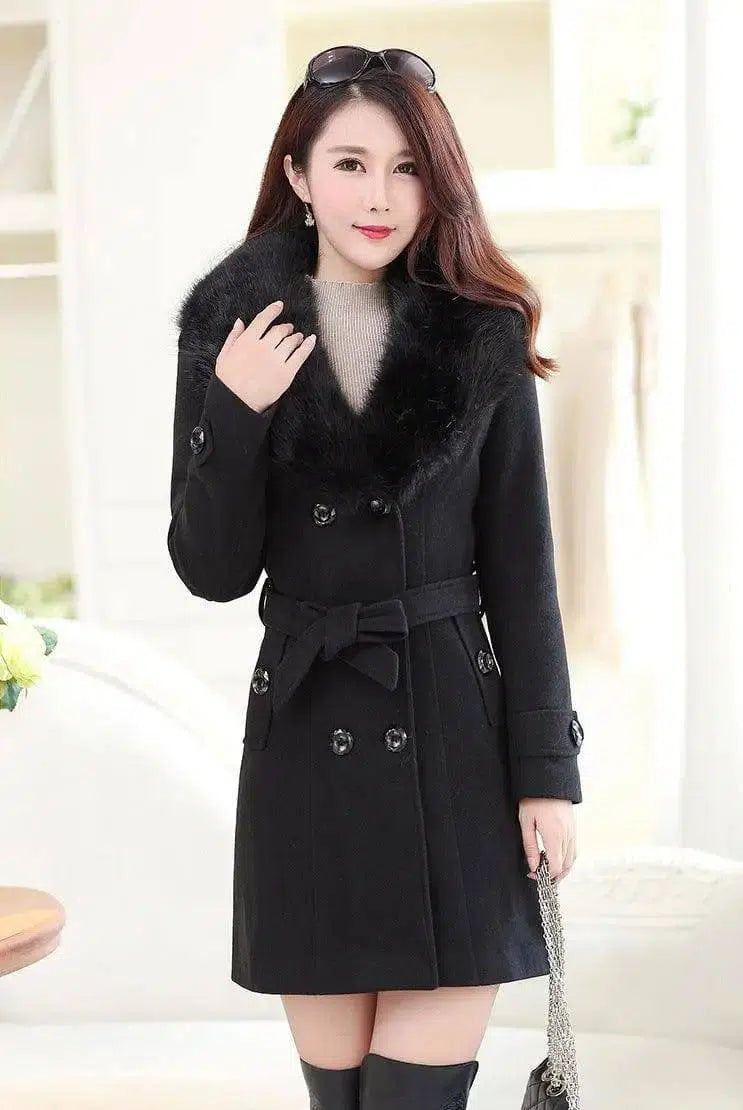 Large fur collar woolen coat-Black-7