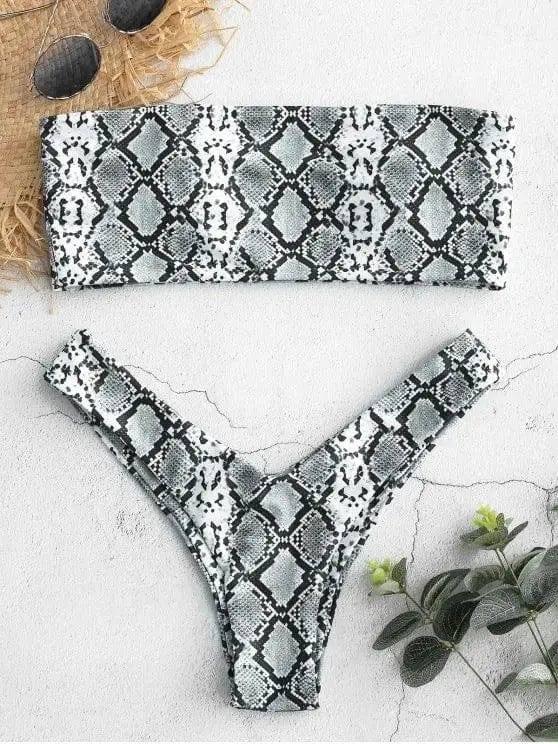 Trendy Snake Print Bikini Set for Beachwear-white-1