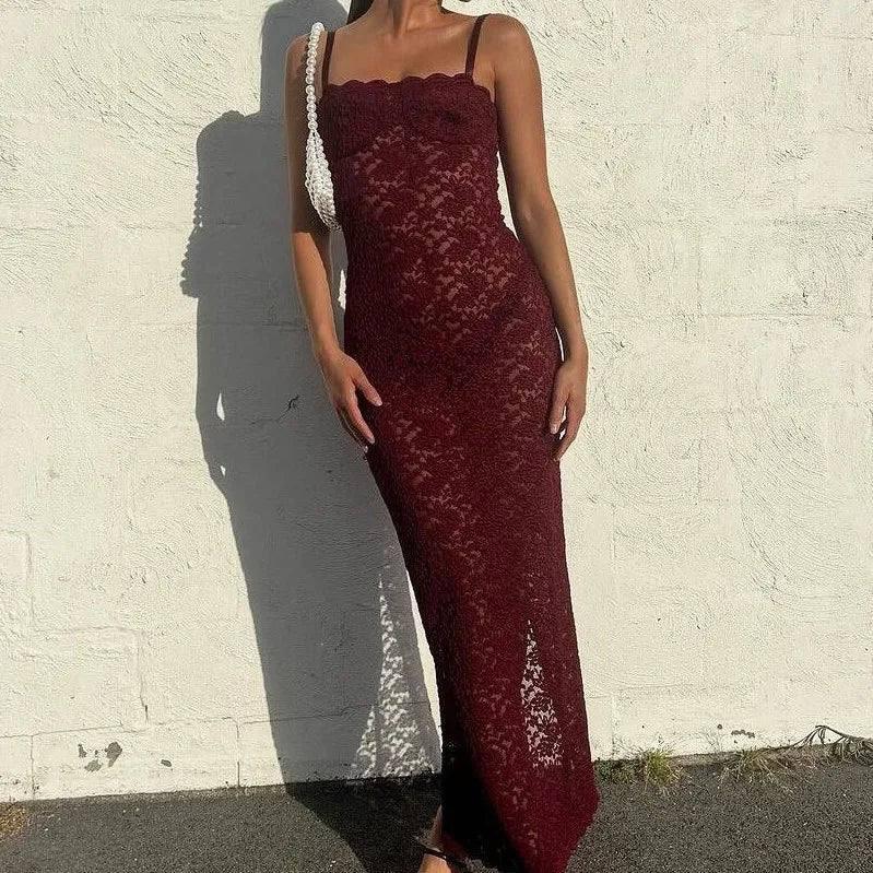 Long Dress Sexy Mesh See Through Summer-Red-7