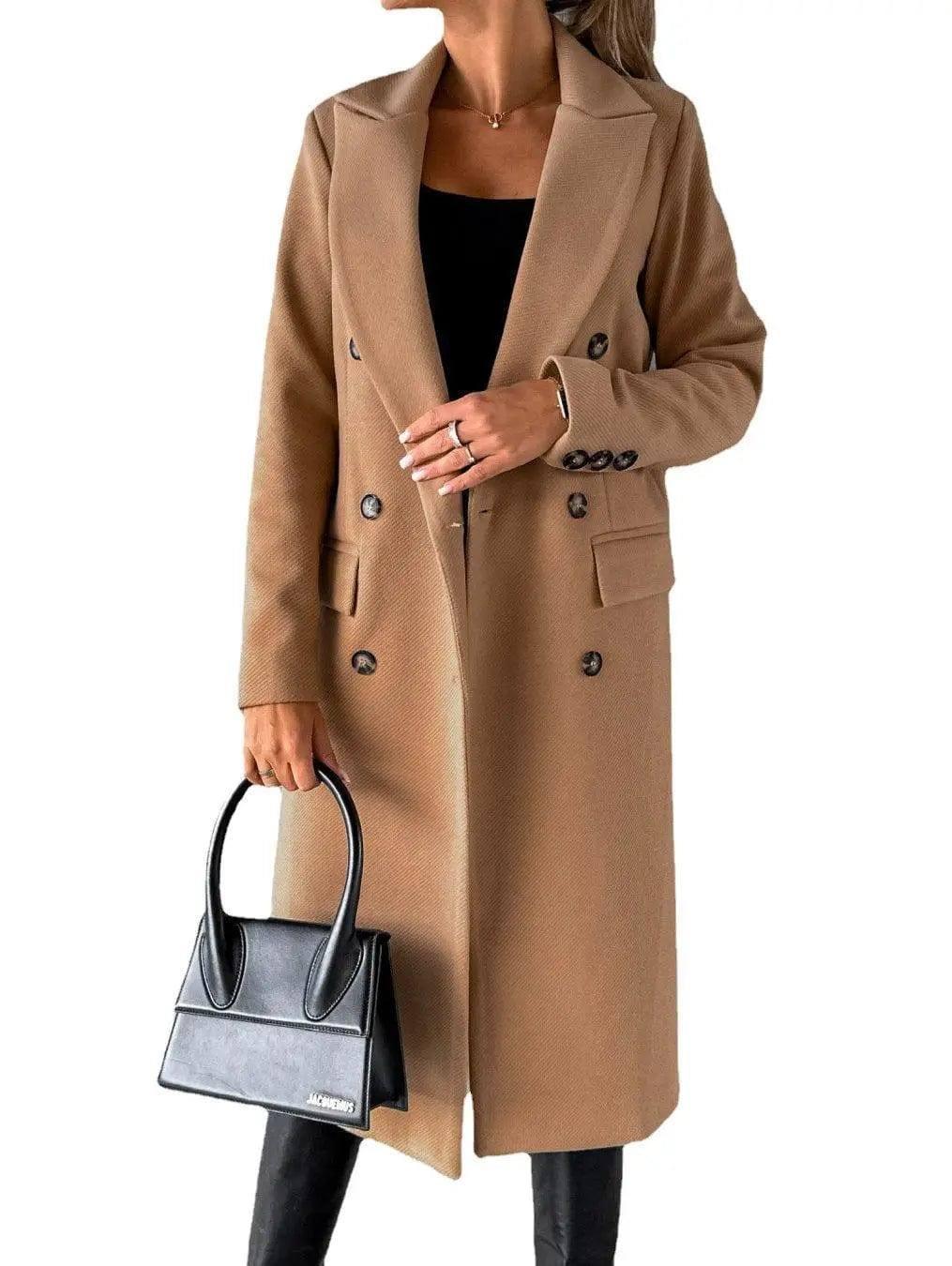 Long Sleeve Lapel Solid Double Breasted Slim Coat Coat-Khaki-10