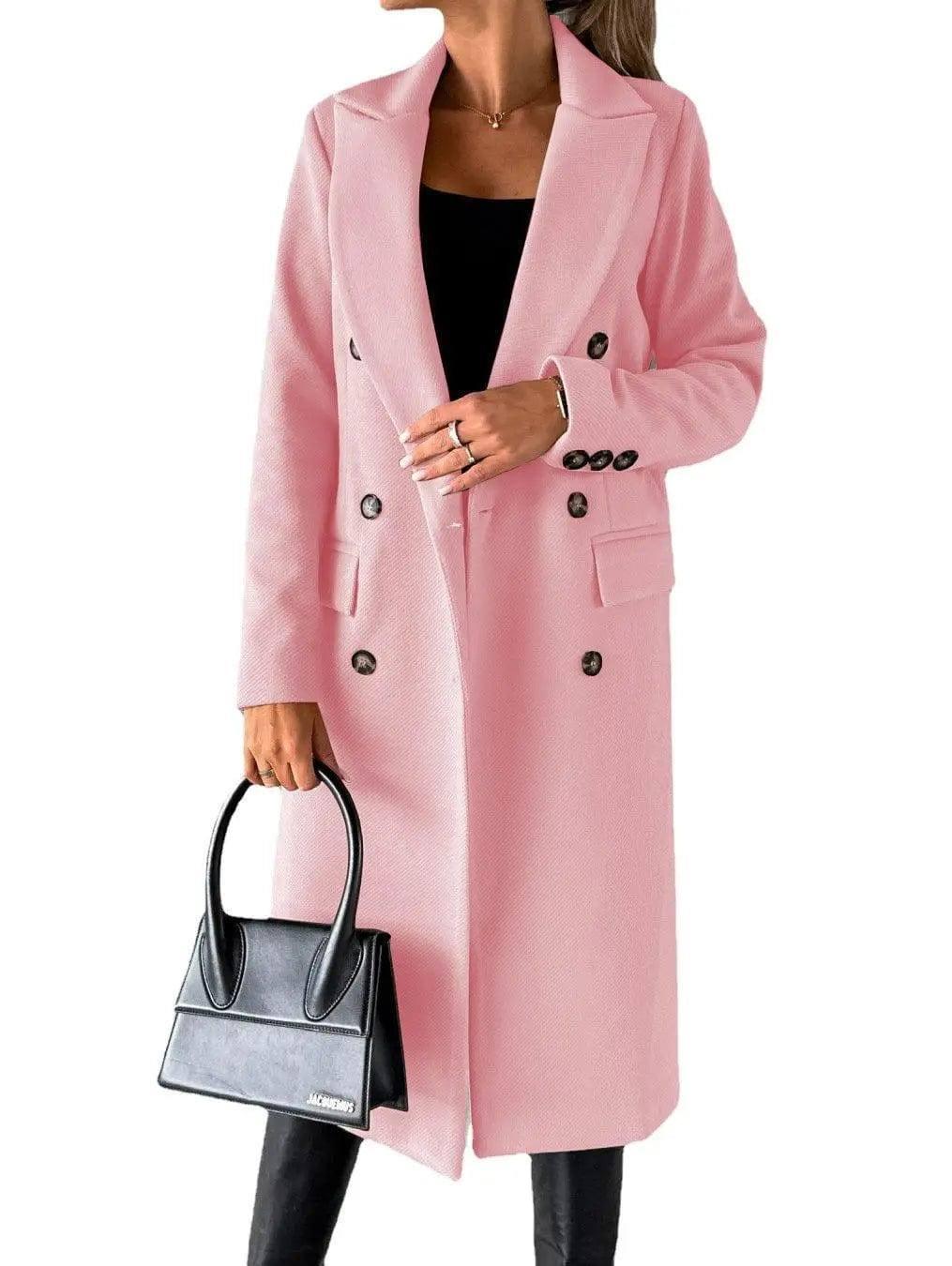 Long Sleeve Lapel Solid Double Breasted Slim Coat Coat-Pink-4