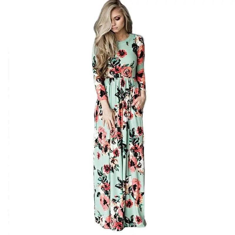 Long Sleeve Printed Floral Dress-Green-3