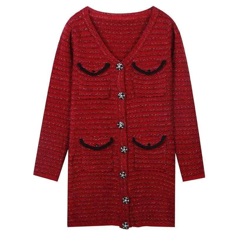 Long Sleeve V-Neck Gold Stripe Slim Mid-Length Red Knit-8