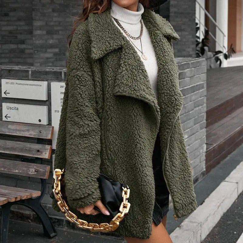 Loose Thickened Bubble Fleece Zipper Plush Coat-Army green-2