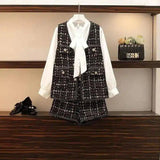 Women's Tweed Vest and Shorts Set with Bow Blouse-Black threepiece suit-1