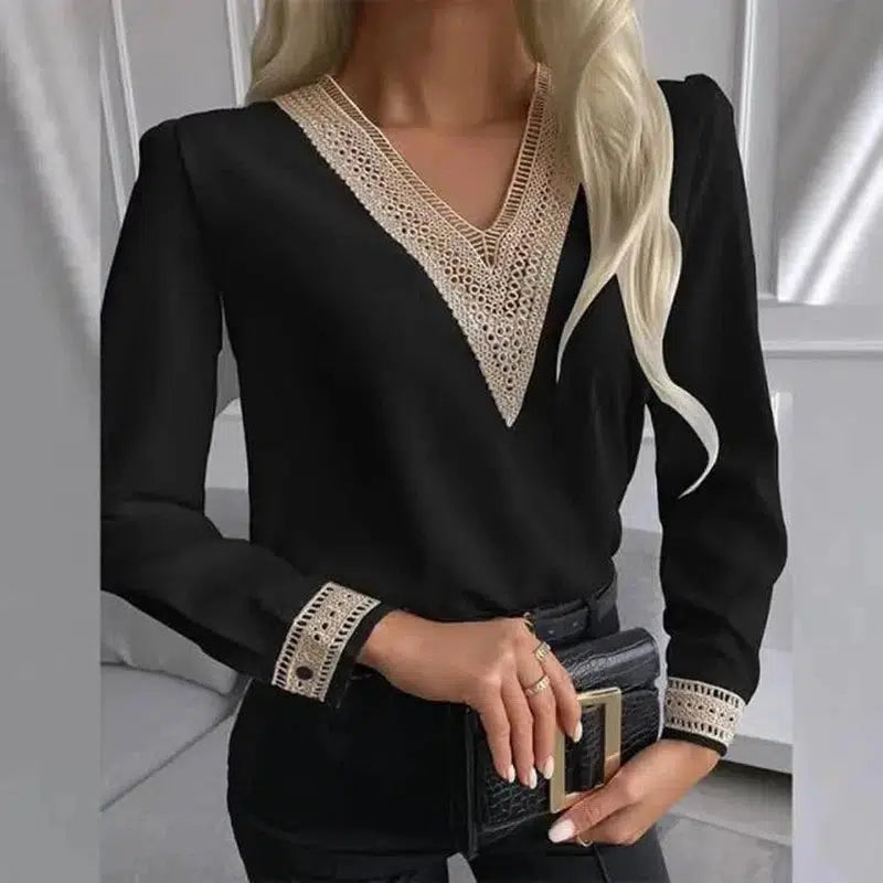 Autumn Lace Long-Sleeved V-Neck Shirt-Black-3