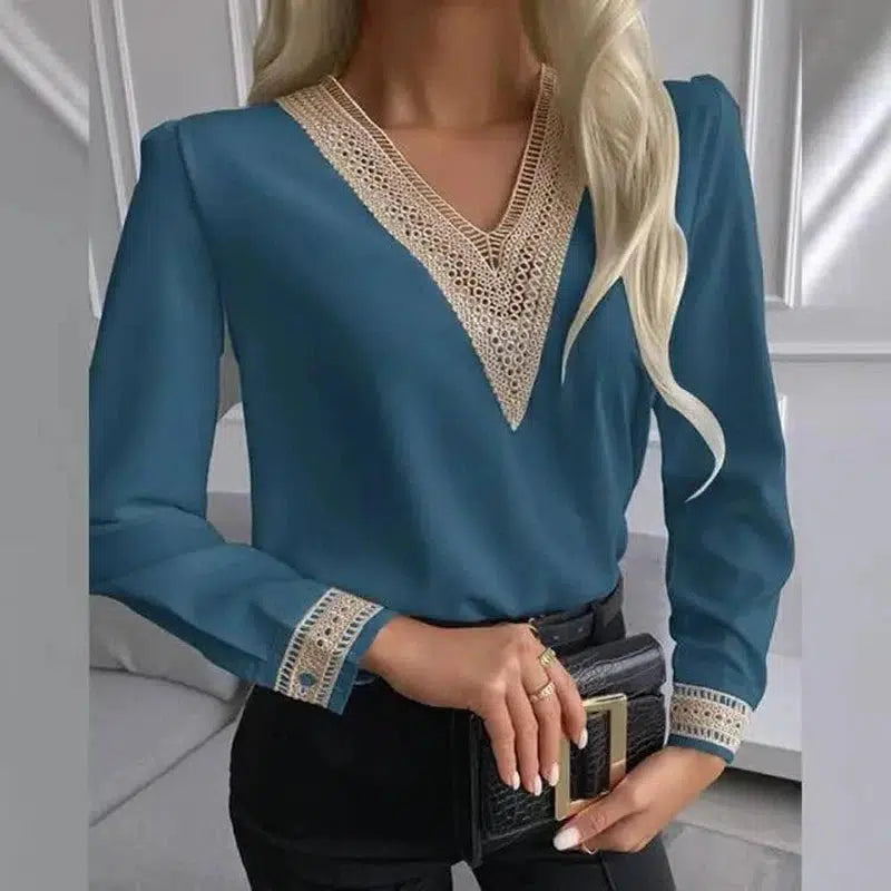 Autumn Lace Long-Sleeved V-Neck Shirt-Blue-5