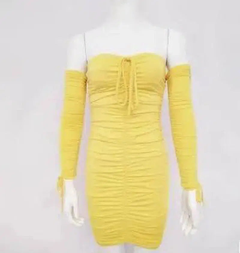 Bandage Dress Women Off Shoulder Long Sleeve Slim-Yellow-15