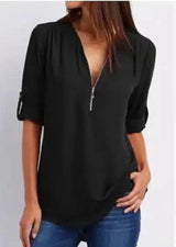 Women's Casual Cut-Out Sleeve Top with Zipper-Black-7