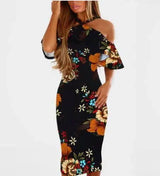 Bodycon Dress Halter Off Shoulder Robe Elegant Summer-Black-11