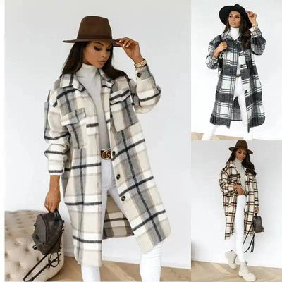 Button lapel casual warm plaid long woolen coat-1