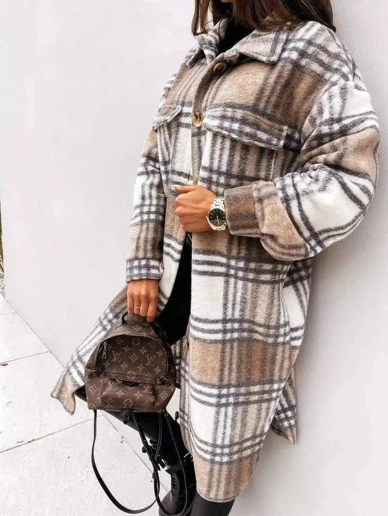 Button lapel casual warm plaid long woolen coat-Khkai-5