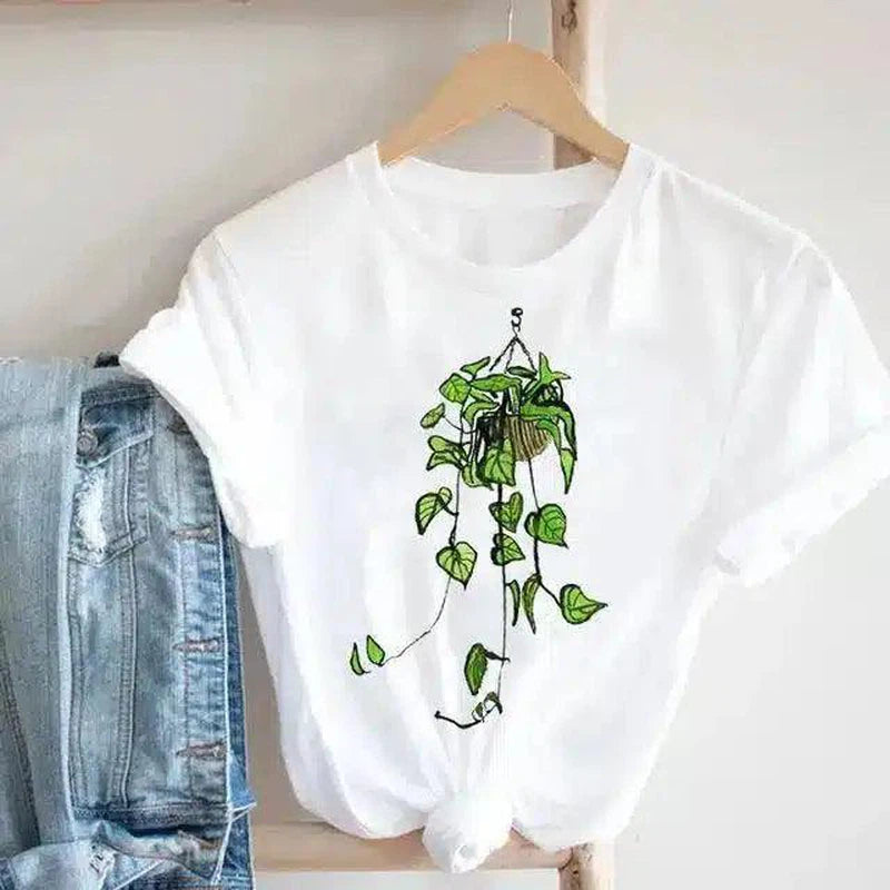 Floral Potted Plants Printed T-Shirt for Casual Wear-4style-5