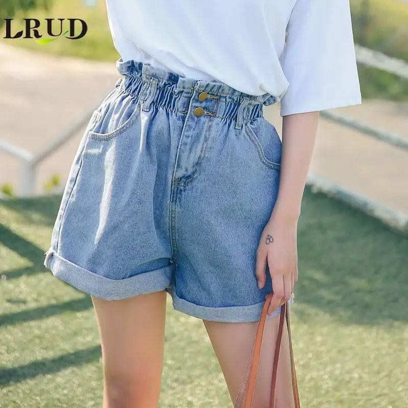 Calyx elastic waist denim shorts female summer high waist-Wathet-25