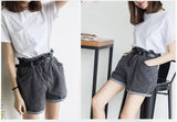 Calyx elastic waist denim shorts female summer high waist-gray-42