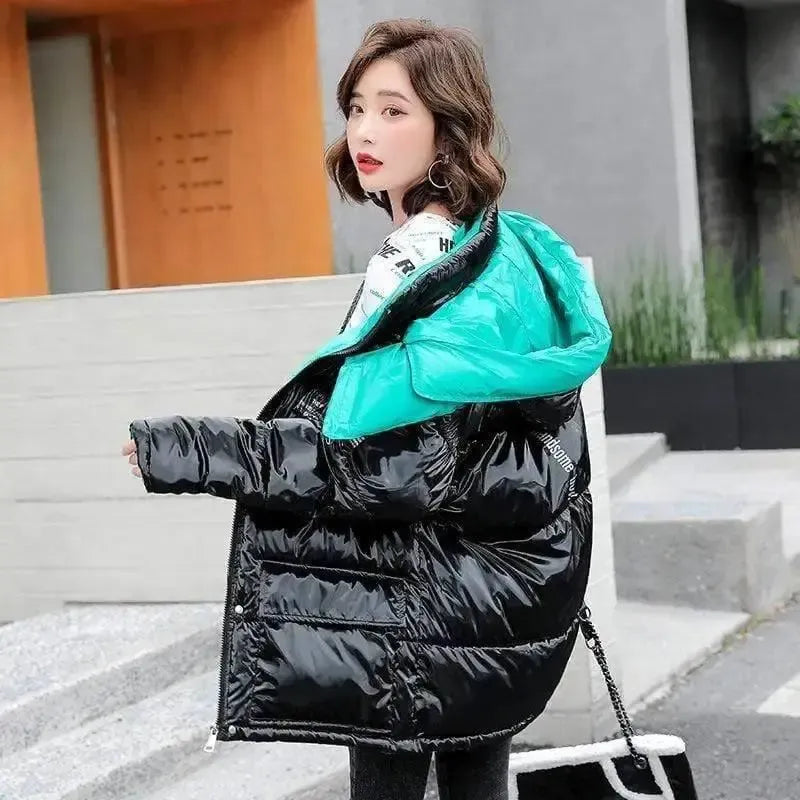 Casual fashion contrast color shiny down coat-Blue-2