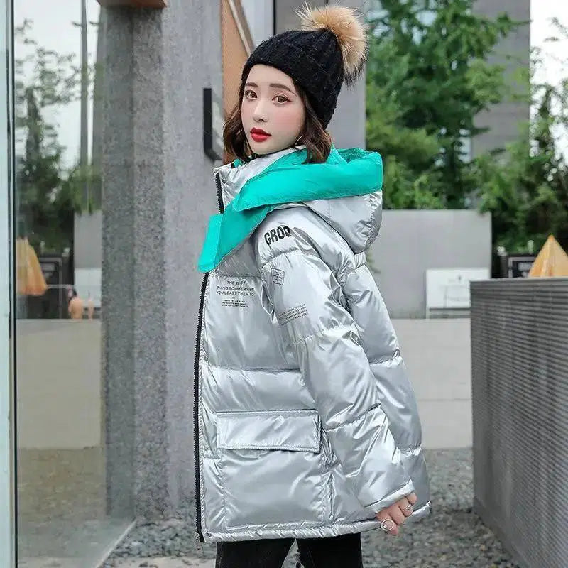 Casual fashion contrast color shiny down coat-Silver-3