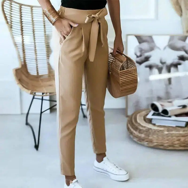 Casual, High-Waisted, Strappy Nine-Point Trousers-Khaki-3