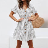 Casual polka-dot high-rise strap V-neck chiffon ladies dress-white-11