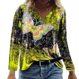 Women's Butterfly Print V-Neck Long Sleeve Top-Yellow-5