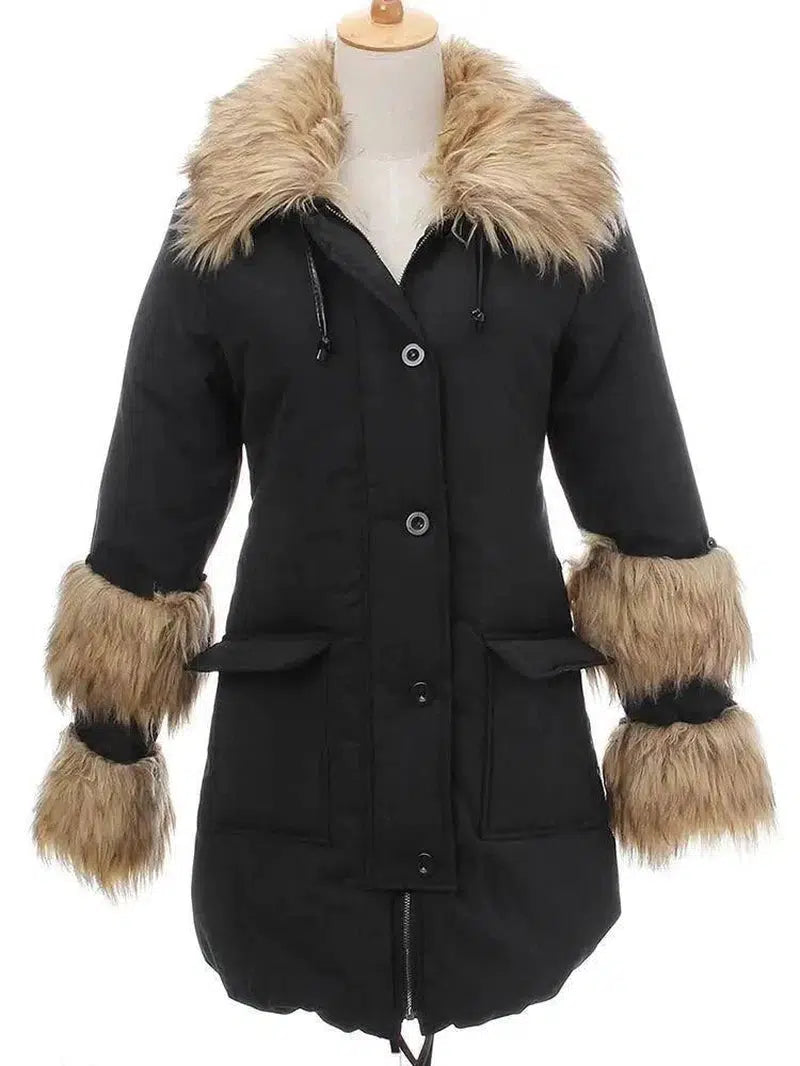 Casual Women Hooded Long Outwear Fur Collar Long Sleeve-Black-1