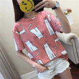 Cat Print Short Sleeve T-Shirt Red Student Base Top-gules-2