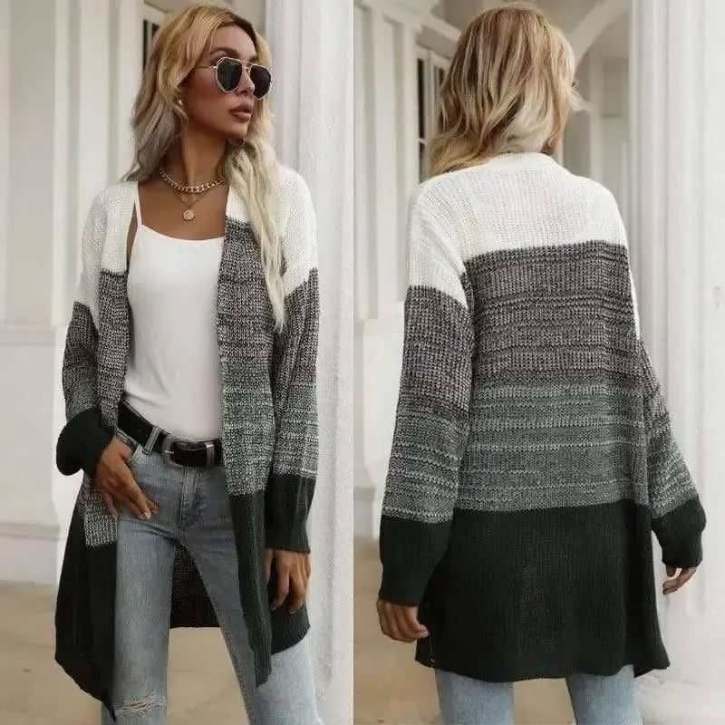 Color Block Bottoming V-Neck Knitted Sweater Women Jacket-1
