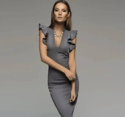 deep V-neck lotus leaf sleeve tight fit dress-1