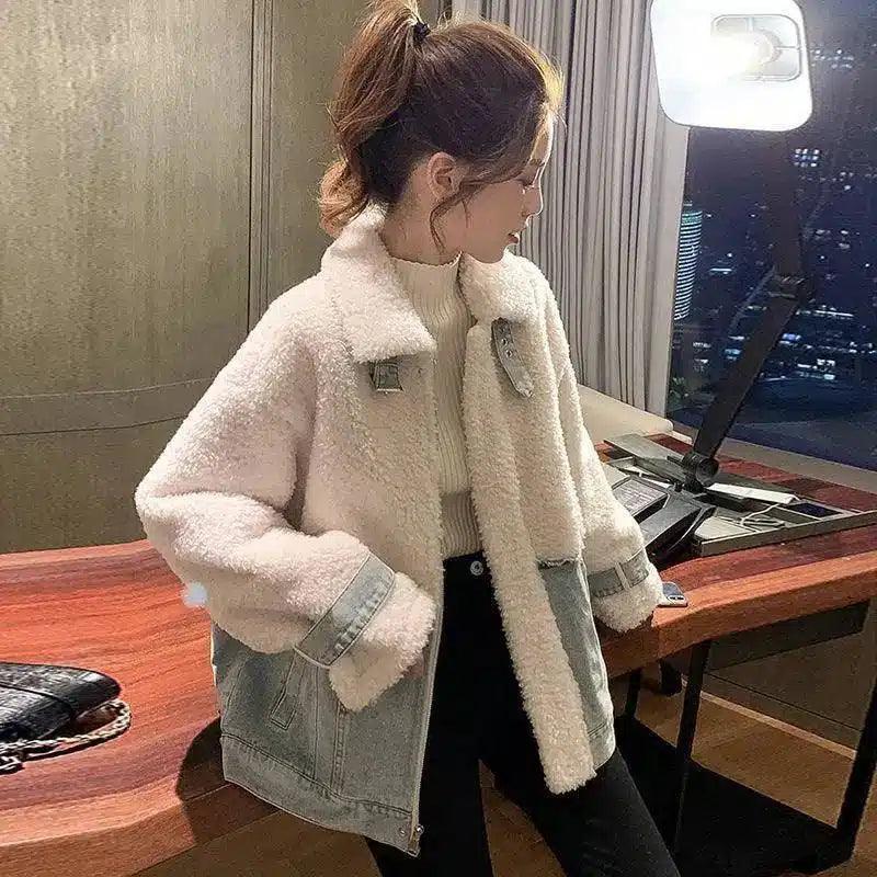 Denim Lapel Lamb Wool Splicing Coat For Women-Off white-1